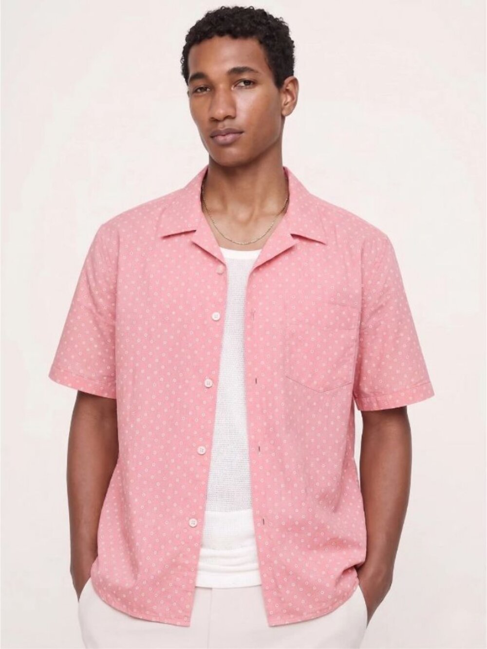 Banana Republic Grant Luxe Poplin Shirt Pink Diamond Dot S